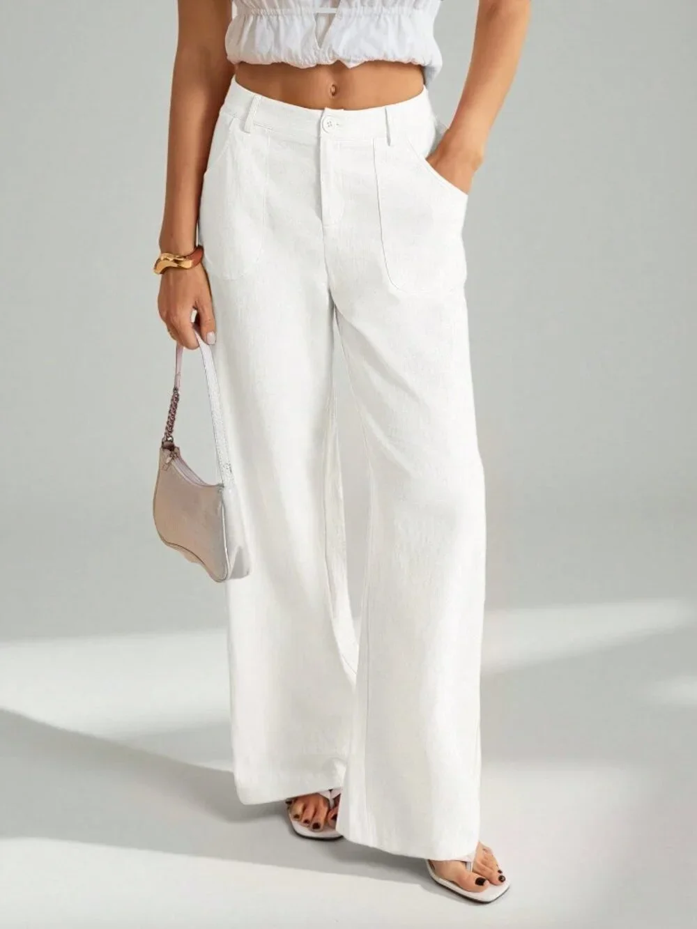 White Casual Women's Washed Low Waist Straight Pants - Picture 5 of 8
